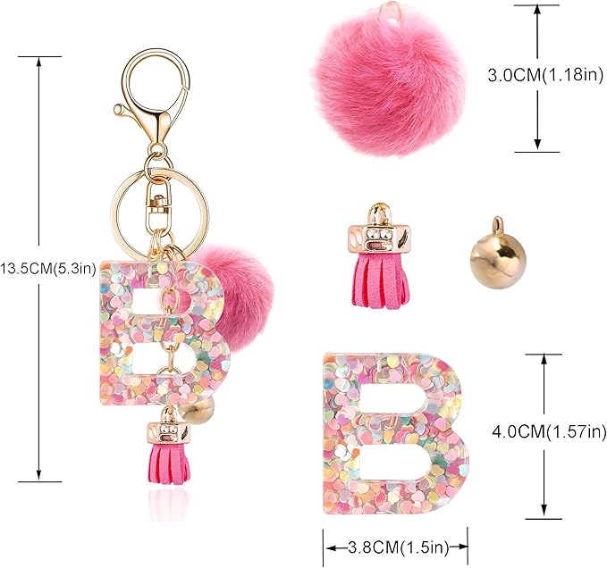 Resin Alphabet Initial Letter Keychain Keyring for Women Purse Handbags With Fur Ball Pom