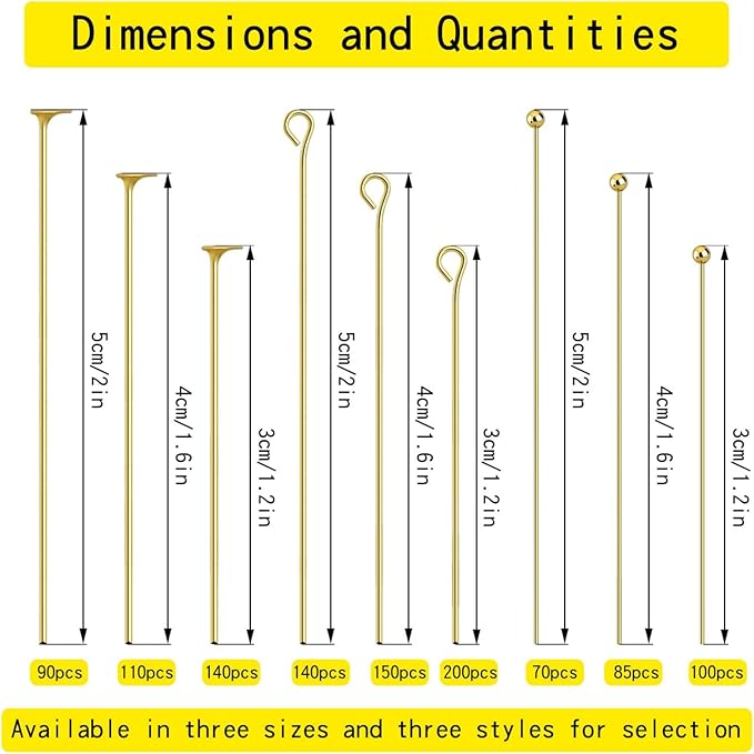 SONGIN 1085pcs Eye Pins and Flat Head Pins for Jewelry Making, Metal Eyepins, Headpins & Ball Head Pins for DIY Earrings, Necklaces, Bracelets, Pendants Jewelry Supplies(Gold)