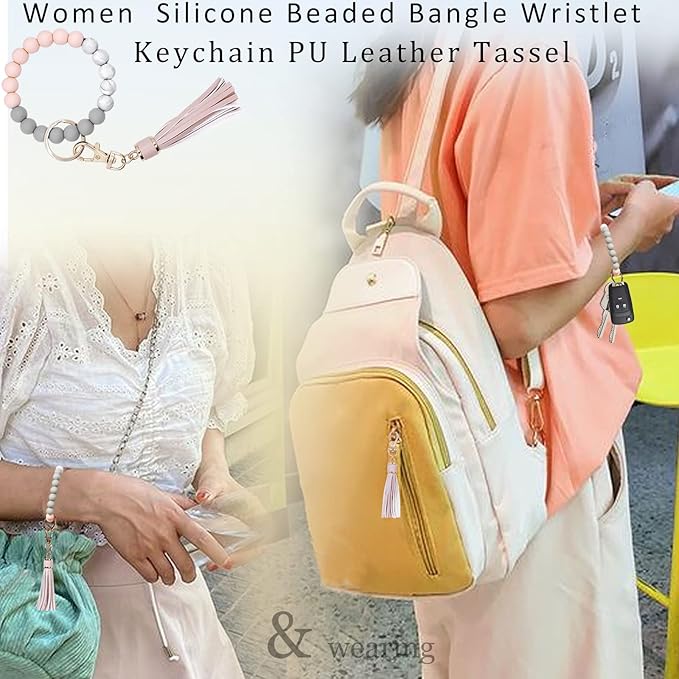 BIHRTC Key Ring Bracelet Car Keychain Holder Wristlet Silicone Women Beaded Bangle Chains