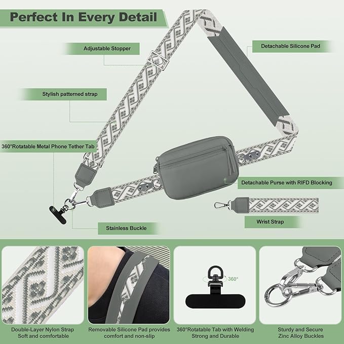 Clip and Go Strap for Phone with Wallet Crossbody, Adjustable Phone Lanyard with Detachable RFID Wristlet Wallet, Pattern Strap, Grey(M)