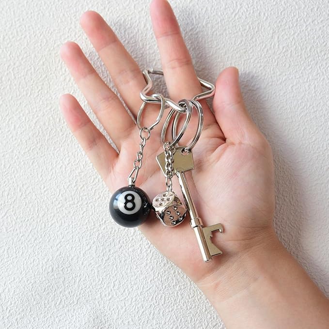 8 Ball Keychain Silver Star Key Chain Bottle Opener Dice Cute Bag Charm Decor for Handbag Backpack Gift for Him Her