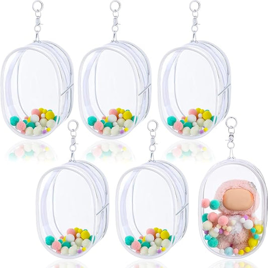 6 Pcs 7 Inch Clear Figure Display Bag with Keychain Large Doll Hanging Blind Box Display Case Clear Keychain Pouch with 2 Pcs Plush Balls for Figures Collectibles, Doll Collector(White)