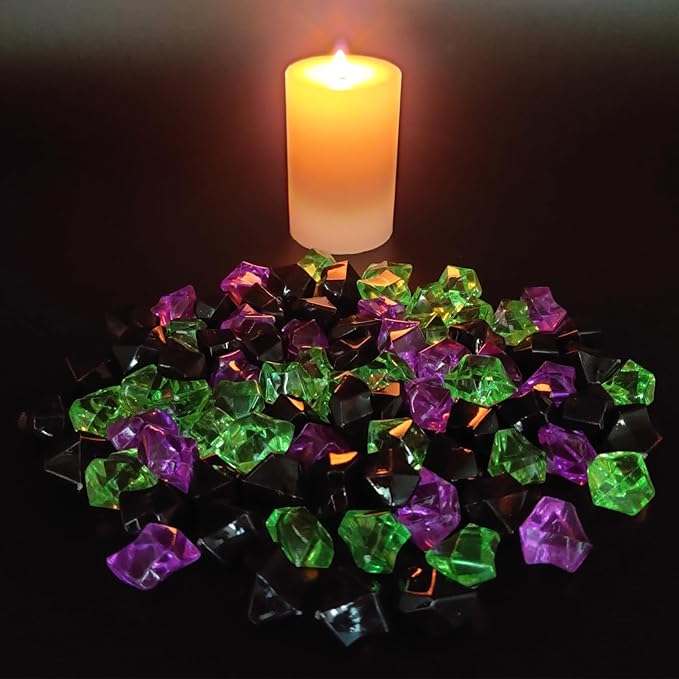 HappyFiller Home Decoration Fake Ice Rocks Crystal Cubes Stones for Vase Fillers,Party Decor, Crafts,Pirate Treasure Jewels Plastic Gemstone,Table Scatters,Mix Purple Green Black,14 OZ