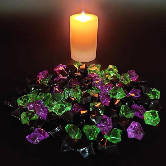 HappyFiller Home Decoration Fake Ice Rocks Crystal Cubes Stones for Vase Fillers,Party Decor, Crafts,Pirate Treasure Jewels Plastic Gemstone,Table Scatters,Mix Purple Green Black,14 OZ