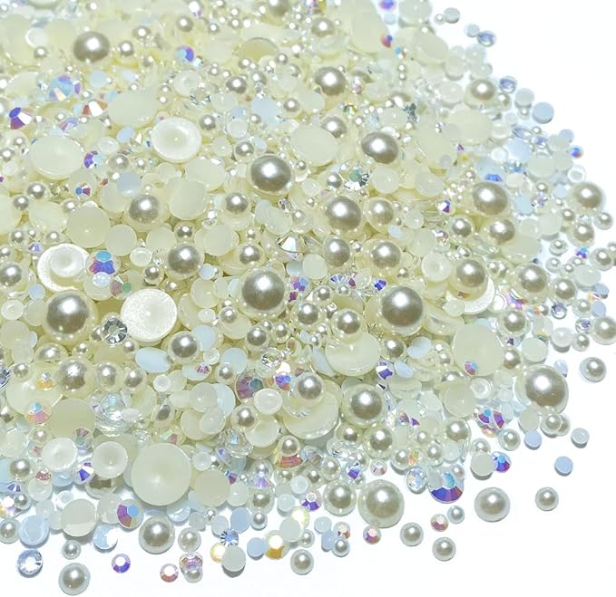 100g Mix Resin Rhinestones Flatback Half Round Pearls Mixed Size 3mm-10mm AB Color Half Pearls Resin Rhinestones for DIY Craft Nail Art Shoes Clothes Phone Case (Beige Series)