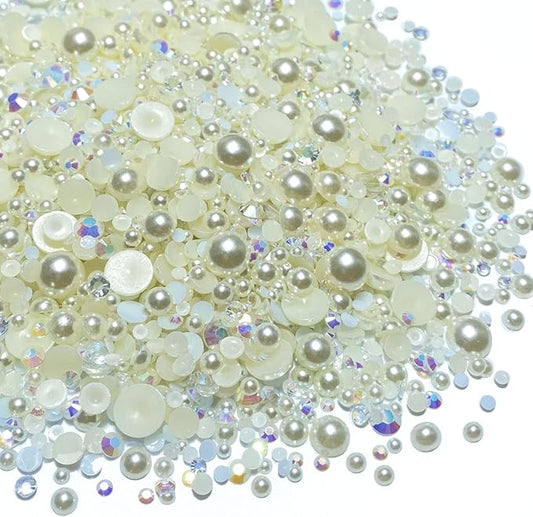 100g Mix Resin Rhinestones Flatback Half Round Pearls Mixed Size 3mm-10mm AB Color Half Pearls Resin Rhinestones for DIY Craft Nail Art Shoes Clothes Phone Case (Beige Series)