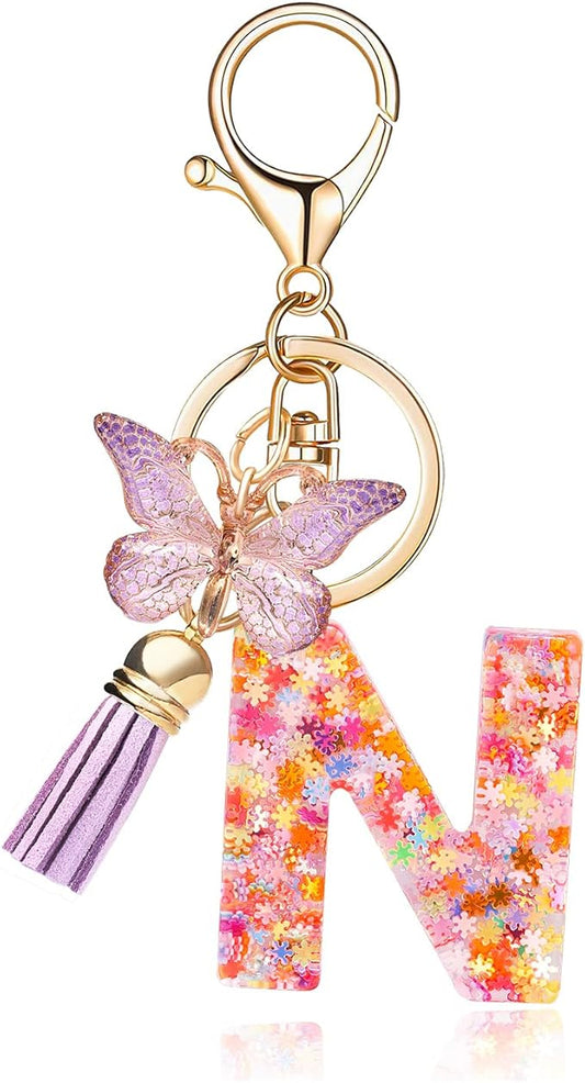 Fashion Alphabet Initial Letter Keychain Tassel Butterfly Pendant Key Ring for Purse Handbags Women Girl