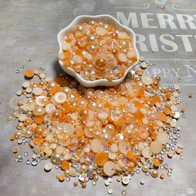 100g Mix Resin Rhinestones Flatback Half Round Pearls Mixed Size 3mm-10mm AB Color Half Pearls Resin Rhinestones for DIY Craft Nail Art Shoes Clothes Phone Case (Orange Series)