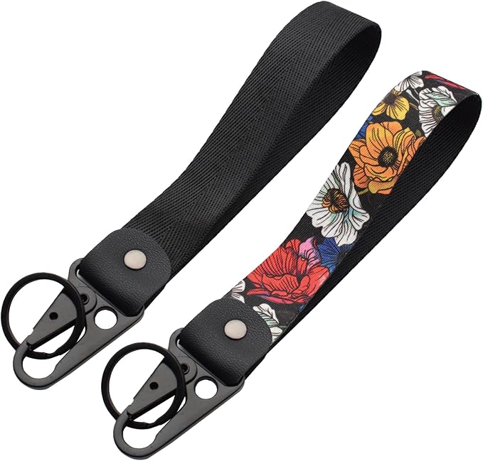 2 Pcs Classic Black & Floral Keychain Wristlet Lanyard for Women couples, Flower Wristlet Strap for Keys Hands-Free Wearable