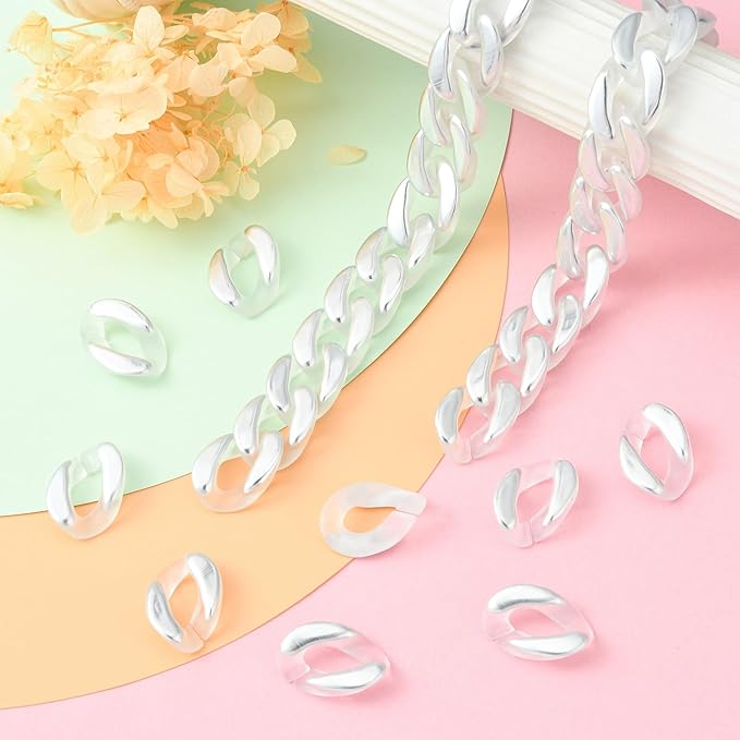 LiQunSweet 100 Pcs Clear White Acrylic Plastic Oval Linking Chain Rings Quick Link Connectors for Necklace Bracelet Earring - 17x23mm