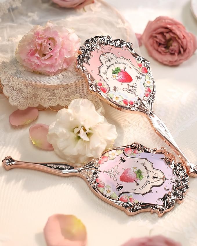 Flower Knows Strawberry Rococo Hand Mirror,Vintage Portable Handheld Mirror,Fancy & Pretty Princess Mirror with Long Handle,Gift for Girls(Soft Pink)