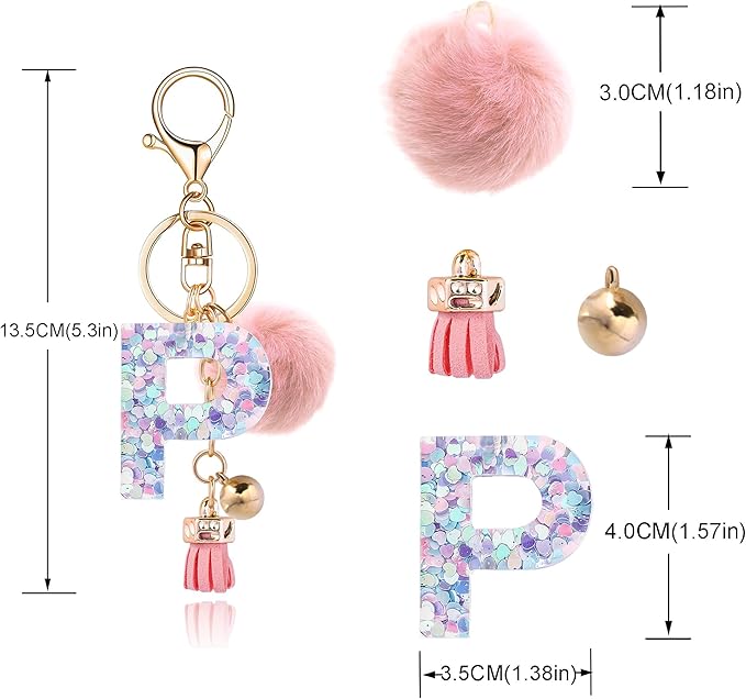 Resin Alphabet Initial Letter Keychain Keyring for Women Purse Handbags With Fur Ball Pom