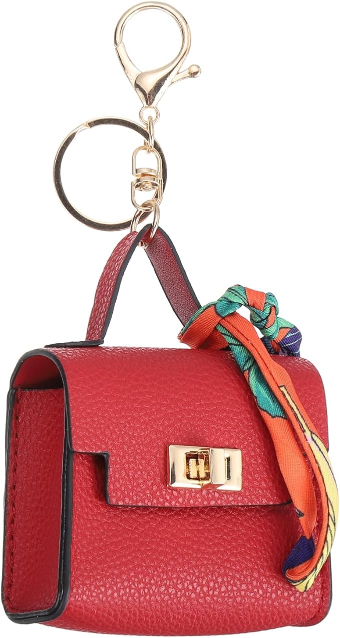 PATIKIL Mini Backpack Keychain, Cute Coin Purse Keychain PU Leather Backpack Purse Key Chain Little Earbud Bag Keychains for Women Mini Card Data Cable Organizer, Red