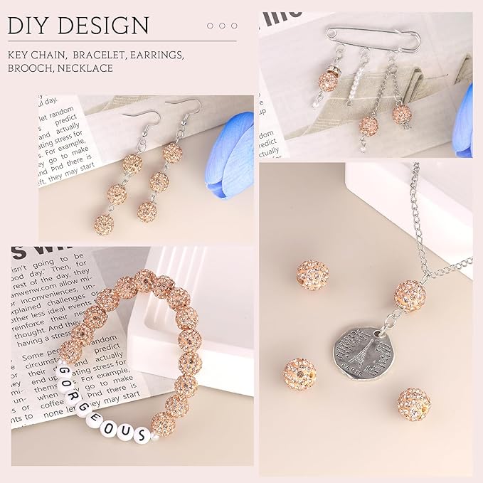 200 Pcs Light Peach Rhinestone Beads for Jewelry Making, Sparkle Crystal Clay Christmas for Bracelet Baseball Necklace Earring Crafting and DIY, Shiny Round Shamballa Disco Ball Beads Bulk