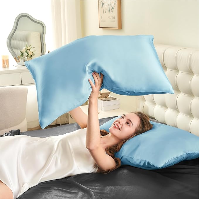 INFIIXSO Mulberry Silk Pillowcase for Hair and Skin, Silk Pillow Cases Queen Size Set of 2 with Hidden Zipper 20x30 Inches, Smooth and Soft Cooling Pillow Cases for Hot Sleepers(Light Blue, 2 Pack)