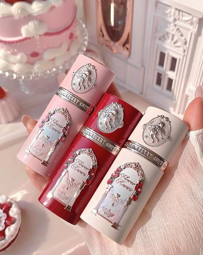 Flower Knows Strawberry Cupid 12-Piece Makeup Gift Box Set,Lip Cream×2+Liquid Blush×2+Makeup Palette×1+Hand Mirror×1+Solid Perfume×1+Hair Clip×1+Cushion Powder Puff×2+Eyeshadow Brush×1+Gift Box×1