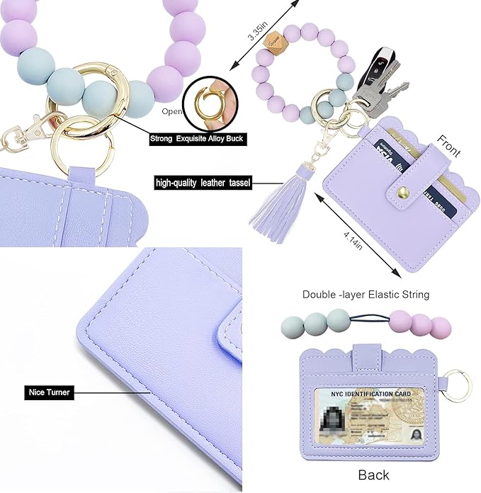 Keychain Wallet Wristlet Small Credit Card Holder Bracelet Key Chain Purse Bangle Tassel Beads Key Rings for Women