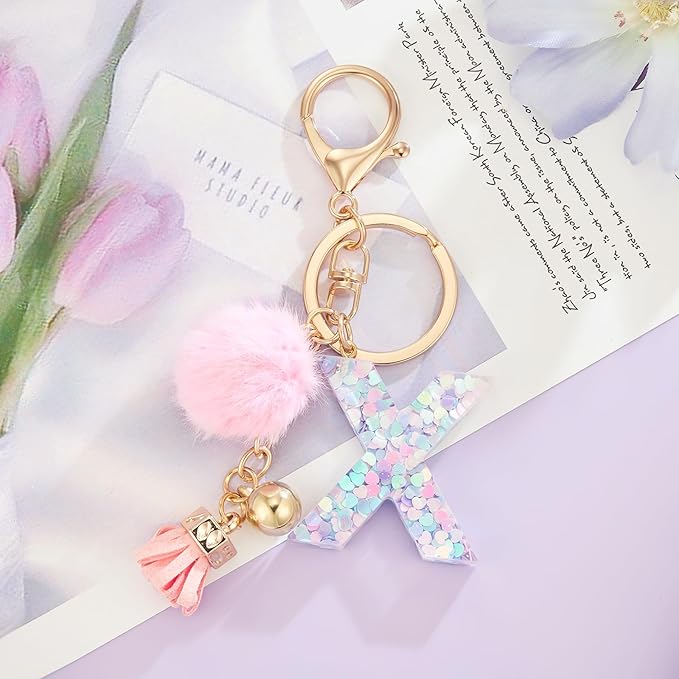 Resin Alphabet Initial Letter Keychain Keyring for Women Purse Handbags With Fur Ball Pom