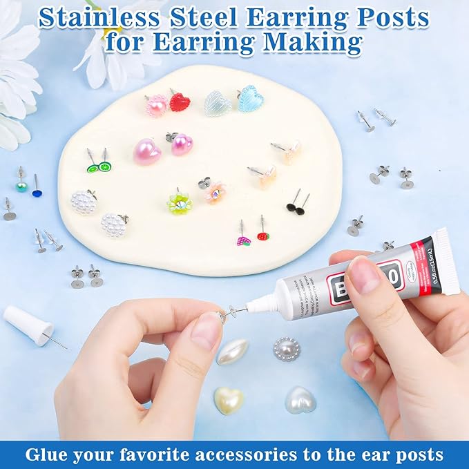 Evatage Multipurpose Adhesive Jewelry Glue with 1002Pcs Stainless Steel Earring Posts and Backs, Silver Stud Posts with Butterfly and Rubber Bullet Earring Backs for Jewelry Making Supplies Kit