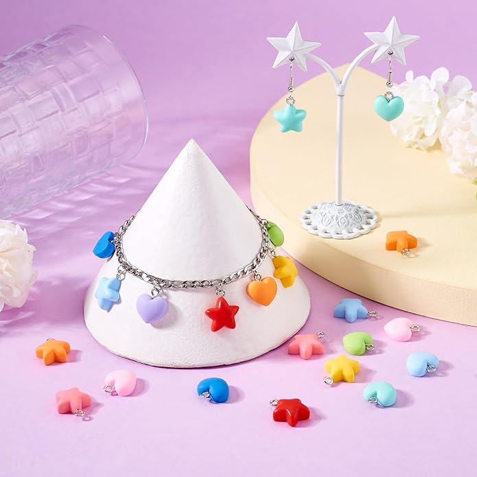 Resin Love Heart Star Flower Charms Colorful Heart Floral Pentagram Pendants Cute Hang Ornament for DIY Crafts Necklace Bracelet Keychain Jewelry Making