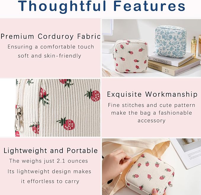 Cute Small Corduroy Zipper Makeup Bag, Mini Coquette Aesthetic Pouch with Strawberry Pattern for for Purse,Key Pocket Lipstick Bag Card Holder Data Cable Organizer for Women Girls (06Strawberry)