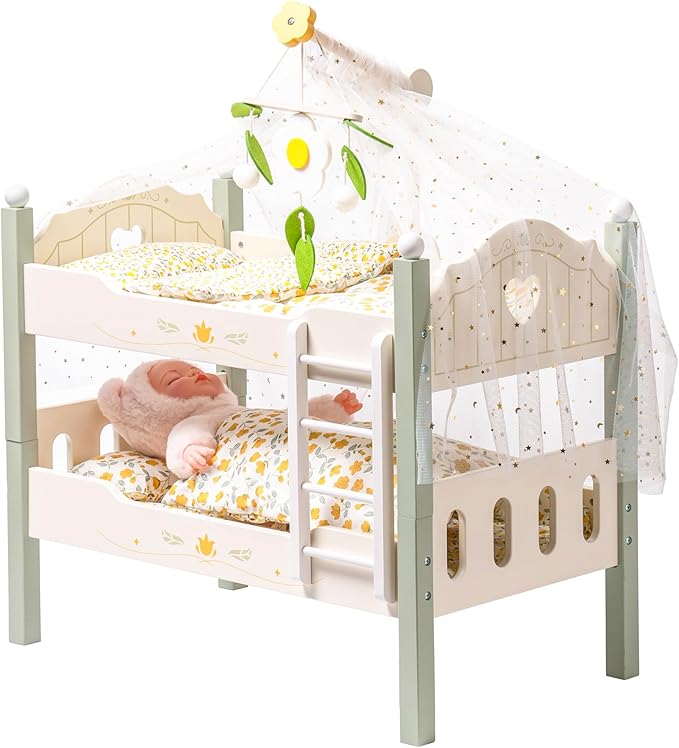 ROBOTIME Baby Doll Bunk Bed, Wooden Doll Crib for 18 Inch Dolls, American Girl Doll Furniture Toy with Bedding (Green, 2 Pcs Beds)