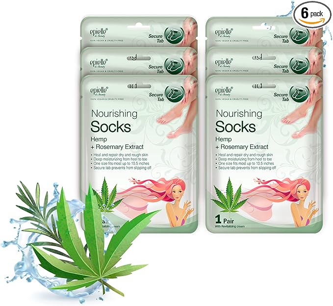 Epielle Nourishing Foot Mask 6 Pairs, Repair and Soften with Hemp & Rosemary Extract, Deep Moisturizing Socks for Dry, Cracked Feet, Self Care Gifts for Women, Spa Kit, Stocking Stuffers