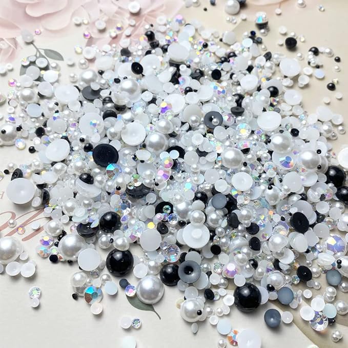 100g Mix Resin Rhinestones Flatback Half Round Pearls Mixed Size 3mm-10mm AB Color Half Pearls Resin Rhinestones for DIY Craft Nail Art Shoes Clothes Phone Case (Black White Series)