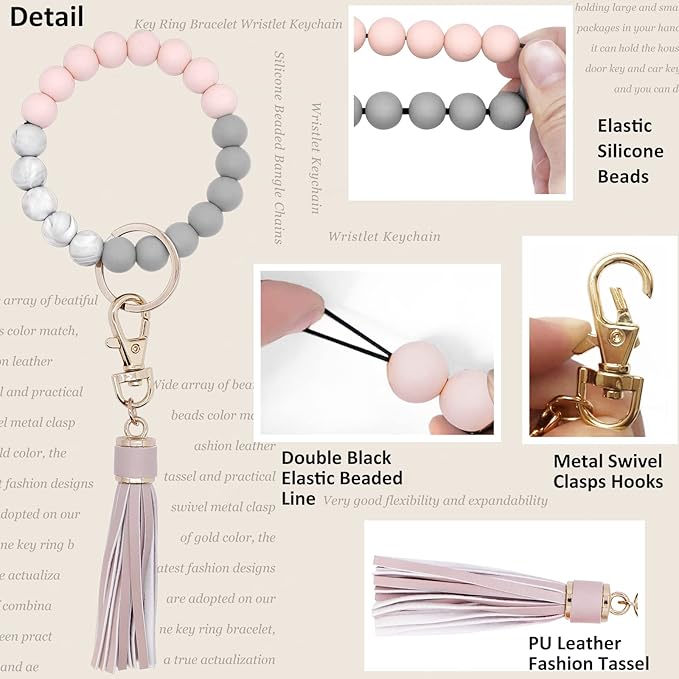 BIHRTC Key Ring Bracelet Car Keychain Holder Wristlet Silicone Women Beaded Bangle Chains