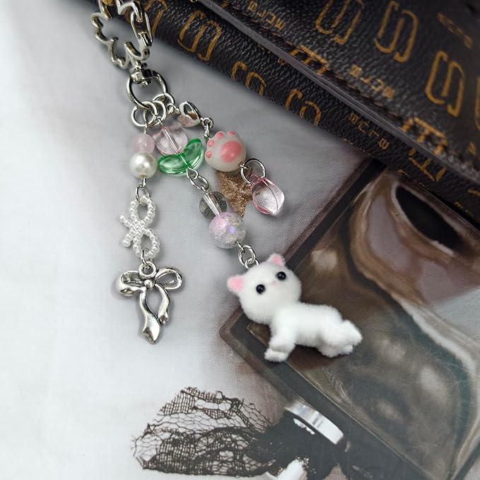 Cute Cat Keychain, Y2K Heart Bow Pendant, Kawaii Cat Bag Charm