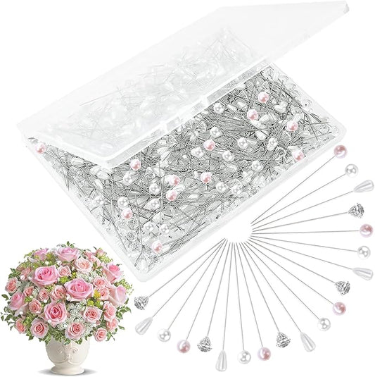 300PCS 4 Styles Bouquet Pins Flower Pin Pearl Head Pins Crystal Corsage Pins for Dressmaking Jewelry Flower Decoration Bridal