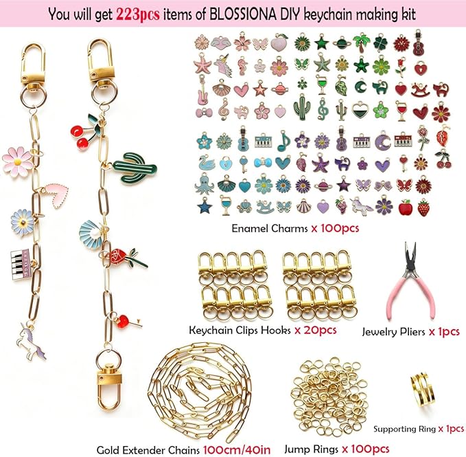 BLOSSIONA 223pcs Lip Gloss Keychain Making Kit DIY Keychain Making Supplies for Crafting 100 Enamel Charms 1 Meter Extender Gold Chain 20 Keychains Clips 100 Jump Rings Key Chain Making Kit
