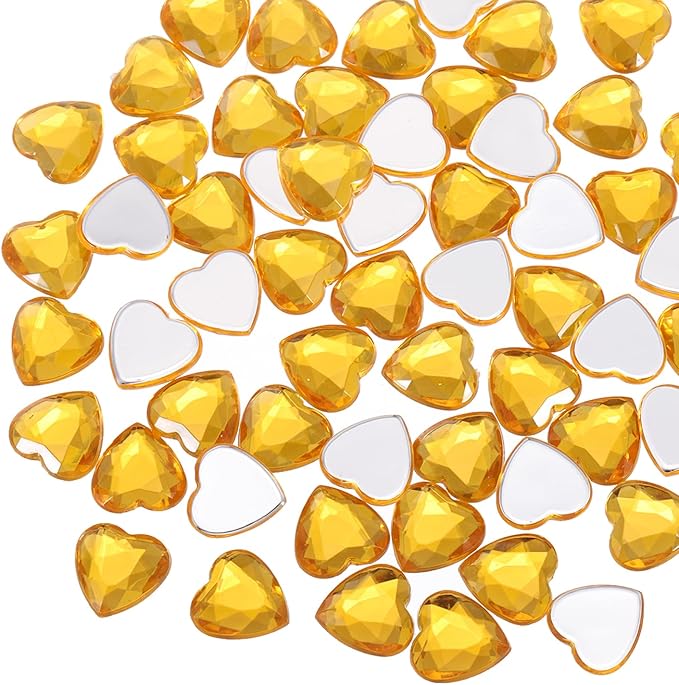 MECCANIXITY 40 Pcs Acrylic Heart Rhinestone 12mm Flat Back Plastic Gems Jewelry Stickers for Craft Bead Face Painting Costume Jewelry Making, Golden