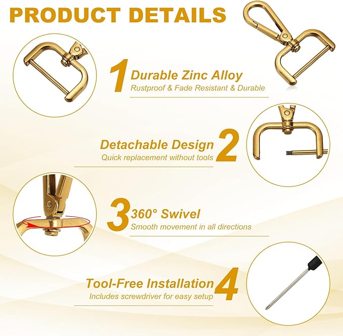 YELARXI Swivel Clasps Hook, 1-1/4 Inch ID Detachable Snap Hook W/Screw Bar D Ring Claw Clasp with Screwdriver Fit for Lanyard Bag Leather Craft Purse Hardware DIY Bag (4 Pack, Dark Gold)