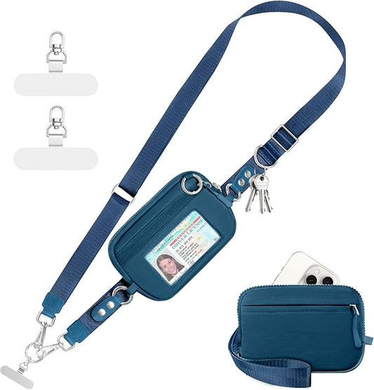 Clip and Go Strap for Phone with Wallet Crossbody Phone Lanyard Adjustable and Detachable RFID Wristlet Wallet with ID Window and Zipper, Peacock Blue Large