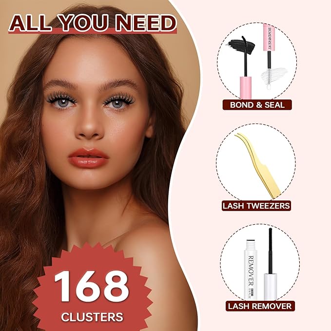 JOLIETIFY Lash Extension Kit, Medium Dense, 8-16mm, DIY Faux Mink Cluster Lashes, Waterproof Bond & Seal, Reusable Individual Lashes, Lash Tweezers, Eyelash Remover, Soft & Fluffy, for Beginners