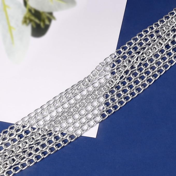 [33ft] Silver Chain for Jewelry Making, 7mm Wide Silver Aluminum Curb Link Chain Roll Bulk for DIY Jewelry Making Craft