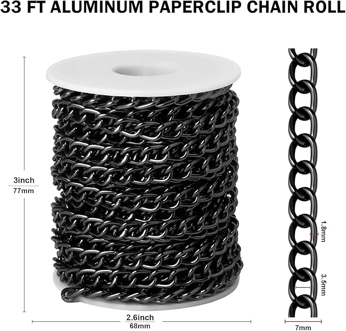 [33ft] Gunmetal Chain for Jewelry Making, 7mm Wide Black Aluminum Curb Link Chain Roll Bulk for DIY Jewelry Making Craft
