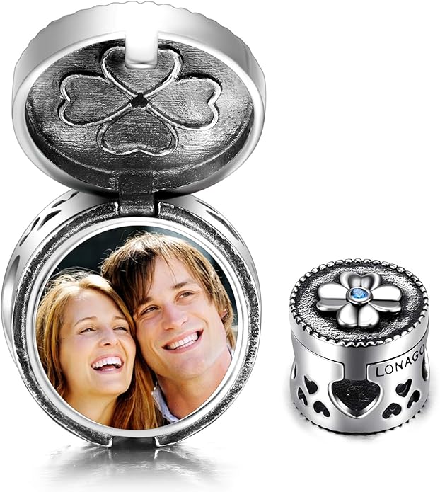 LONAGO 925 Sterling Silver Personalized Photo Charm Fit Compatible for Bracelet Necklace Customized Heart Round Shape Picture Bead