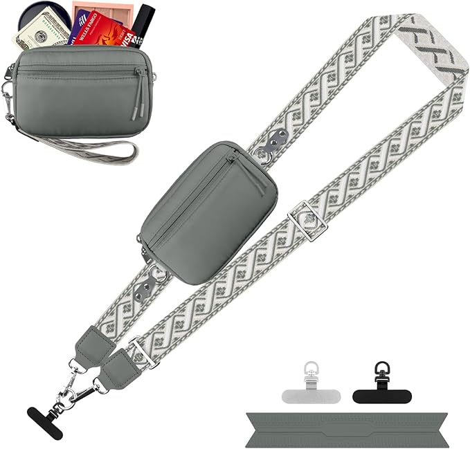 Clip and Go Strap for Phone with Wallet Crossbody, Adjustable Phone Lanyard with Detachable RFID Wristlet Wallet, Pattern Strap, Grey(M)