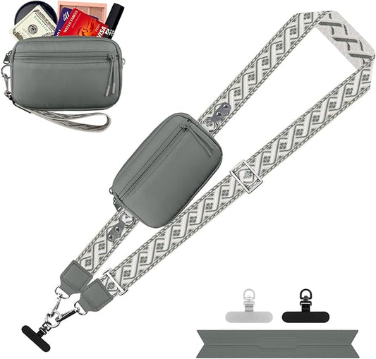 Clip and Go Strap for Phone with Wallet Crossbody, Adjustable Phone Lanyard with Detachable RFID Wristlet Wallet, Pattern Strap, Grey(M)