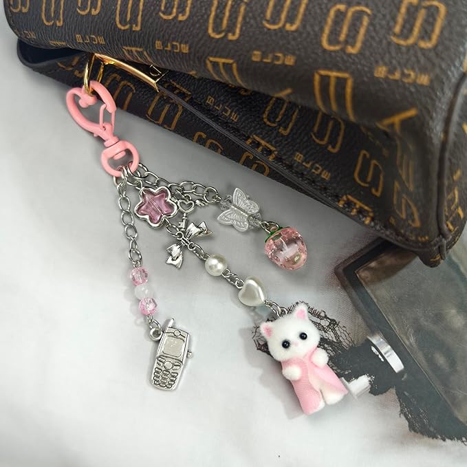 Cute Cat Keychain, Y2K Heart Bow Pendant, Kawaii Cat Bag Charm