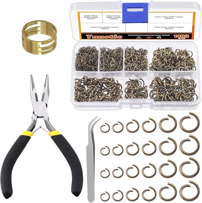 Tanstic 1403Pcs Bronze Open Jump Rings Kit, 4mm, 5mm, 6mm, 7mm, 8mm, 10mm Jewelry Jump Rings with Jump Ring Opener, Jewelry Pliers and Tweezer for Jewelry Making