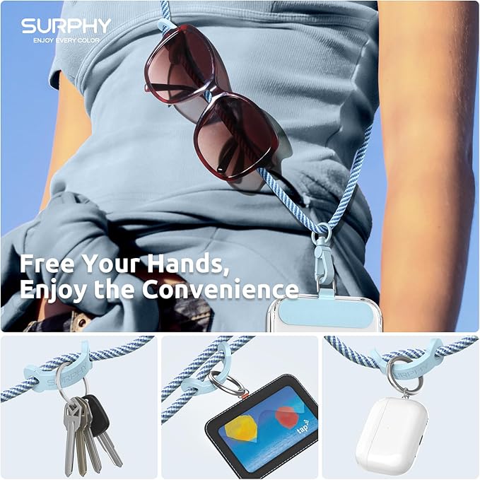 SURPHY Phone Lanyard, Adjustable Phone Strap Crossbody with 2 Pack Phone Tether Tab, Premium Metal Buckles and Two-Color Braided Cell Phone Lanyard Crossbody for Women and Men, Deep & Light Blue