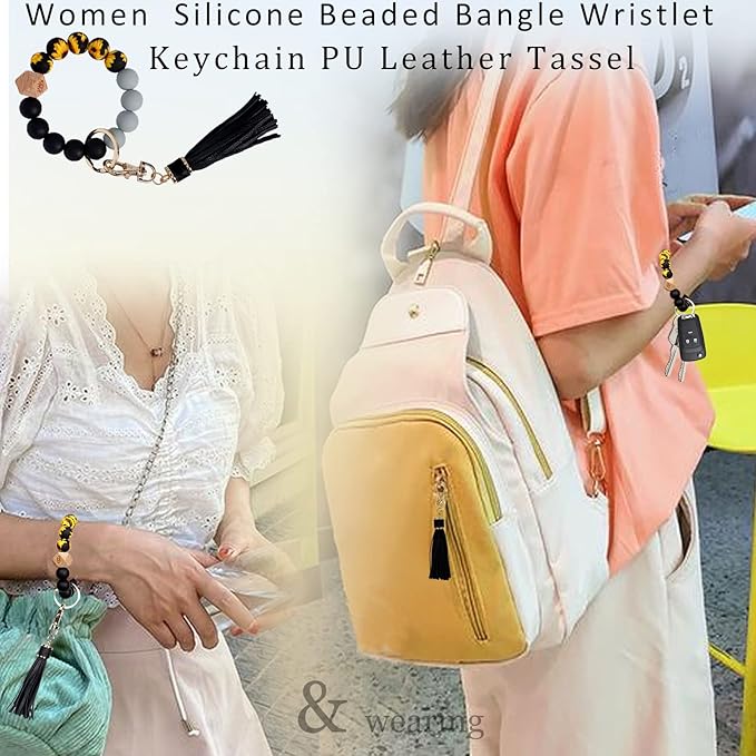BIHRTC Key Ring Bracelet Car Keychain Holder Wristlet Silicone Women Beaded Bangle Chains