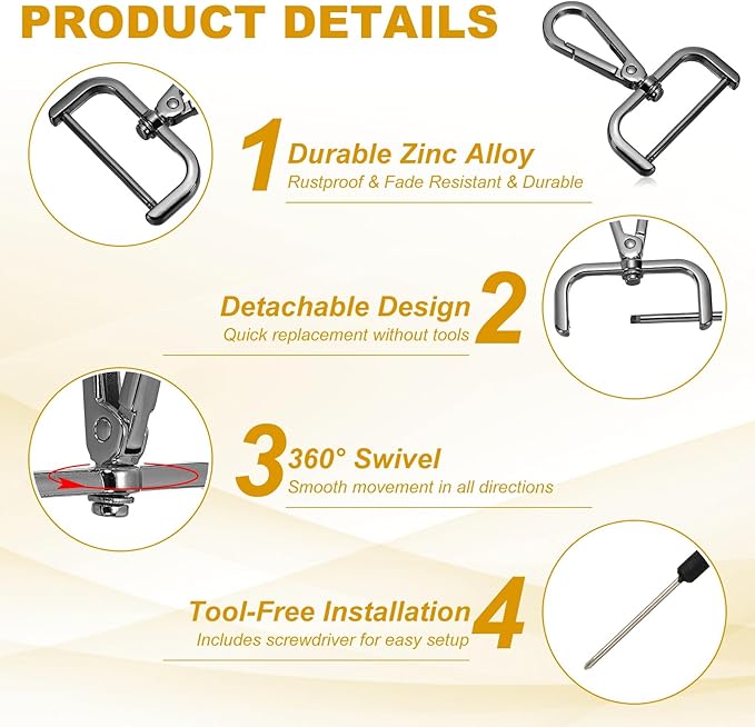 YELARXI Swivel Clasps Hook, 1-1/2 Inch ID Detachable Snap Hook W/Screw Bar D Ring Claw Clasp with Screwdriver Fit for Lanyard Bag Leather Craft Purse Hardware DIY Bag (4 Pack, Black)