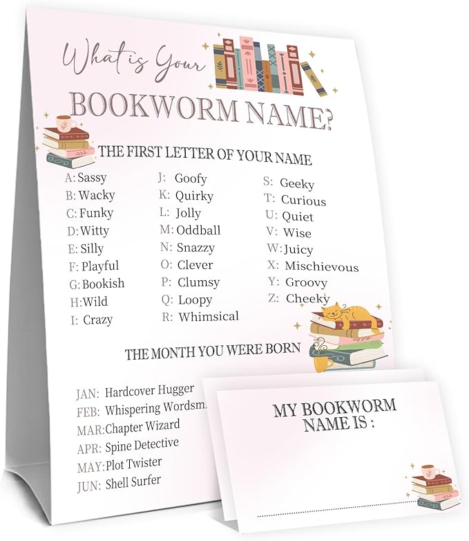 Book Party Decorations, Bookworms Theme Birthday Party Sign for Boys Girls,Kids Activity Cards, What's Your Bookworm Name, Activity Supplies