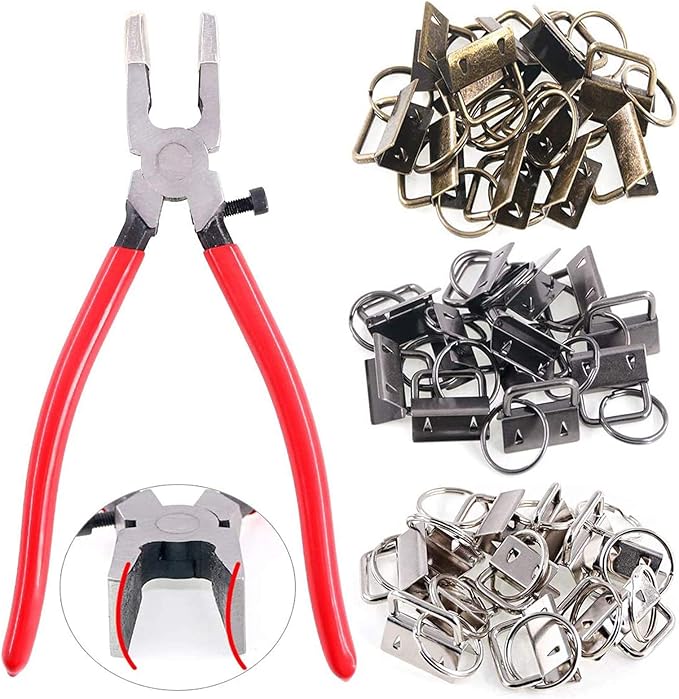 Qovydx 40Pcs Key Fob Hardware Kit with 39Pcs 1 Inch Key Fob Hardware, Clamp, Pliers, Tool for Faux Leather Wristlet Keychain Crafts