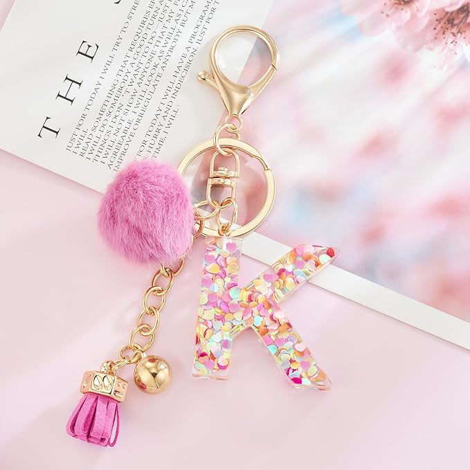 Resin Alphabet Initial Letter Keychain Keyring for Women Purse Handbags With Fur Ball Pom