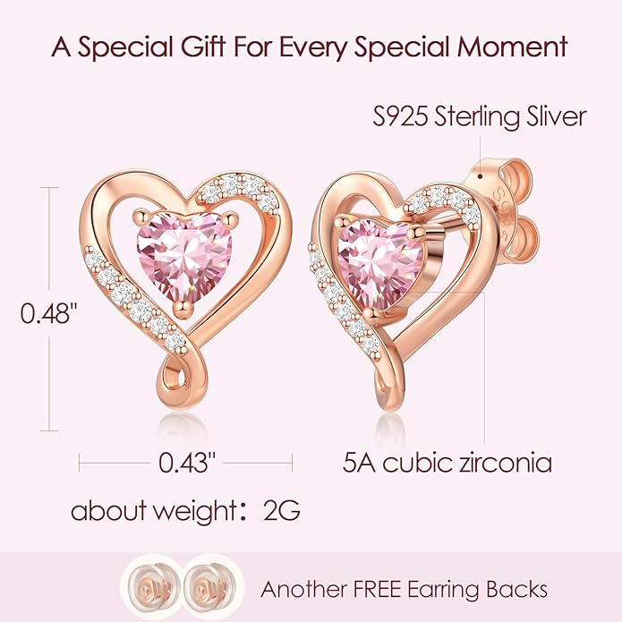 Zifeel Earrings for Women, S925 Sterling Silver Rose Gold Birthstone Heart Studs Earring for Girlfriend Wife, Anniversary Birthday Christmas Valentines Mothers Day Gifts Jewelry for Women Wife Her Mom